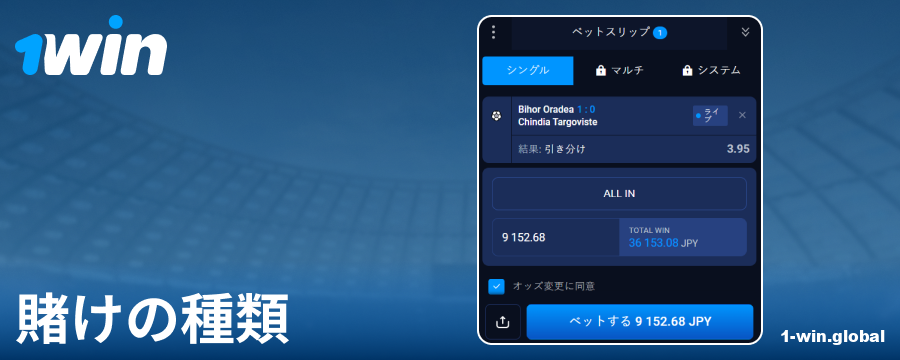 1Win日本で利用可能な賭けの種類