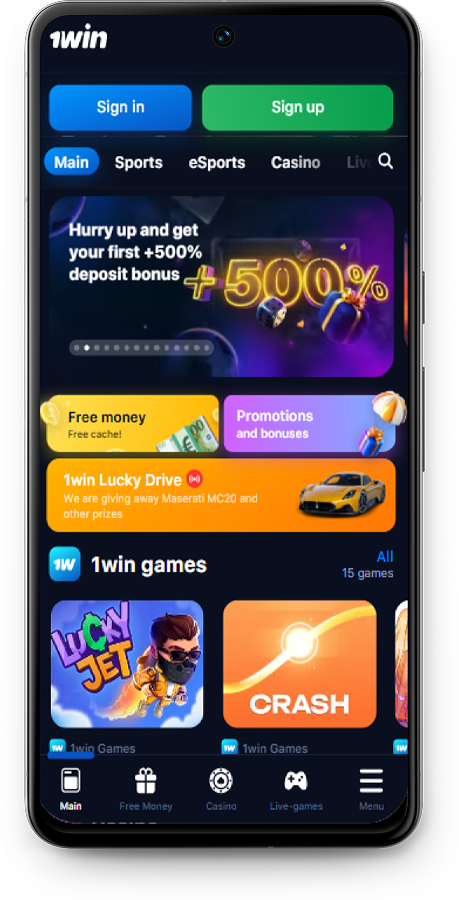 Screenshot of the 1Win app home page
