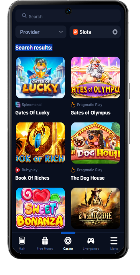 Screenshot of the 1Win app Casino section