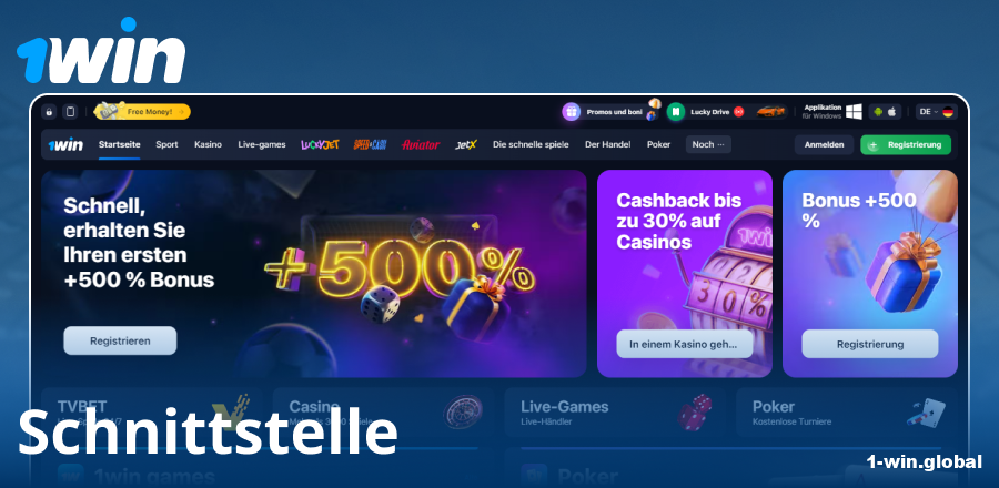 Visuelles Erscheinungsbild der 1Win-Website für Deutsche